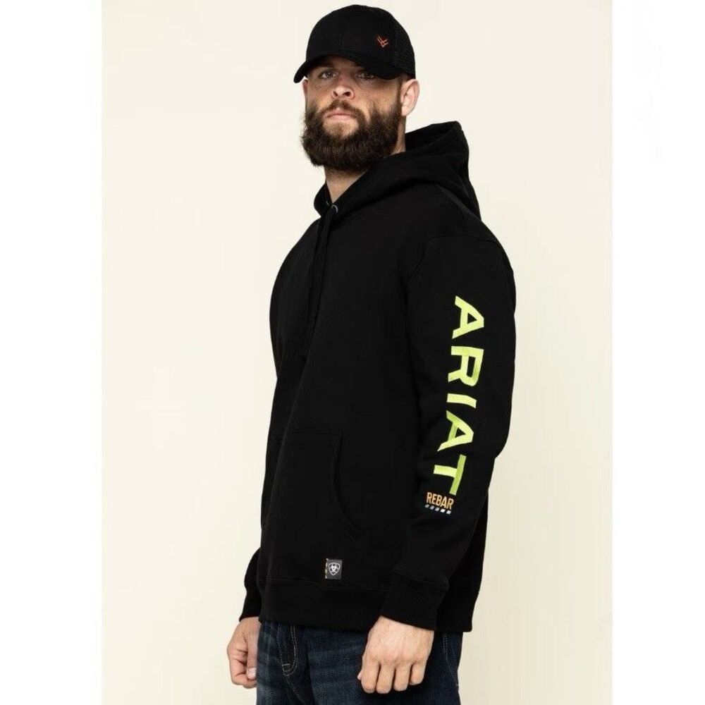 Ariat Rebar Sweatshirt Men’s Small Black Green Embroidered Logo Hoodie Workwear